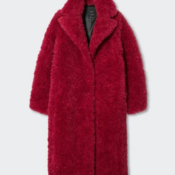 NWT MANGO women's faux fur eureka red boucle long winter coat M - Picture 2 of 6